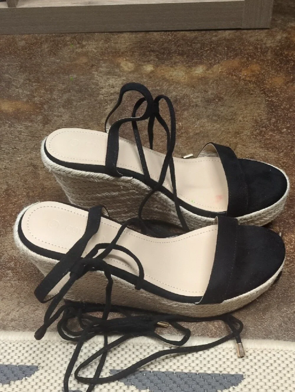 Black Lace-Up Espadrille Wedge Sandals for Women
